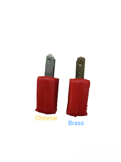 Kopez 2A 220V electrical plug with red insulated body available in chrome and brass metal finishes