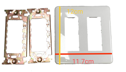 Kopez 6 gang switch plate cover in white with metal mounting brackets and size markings