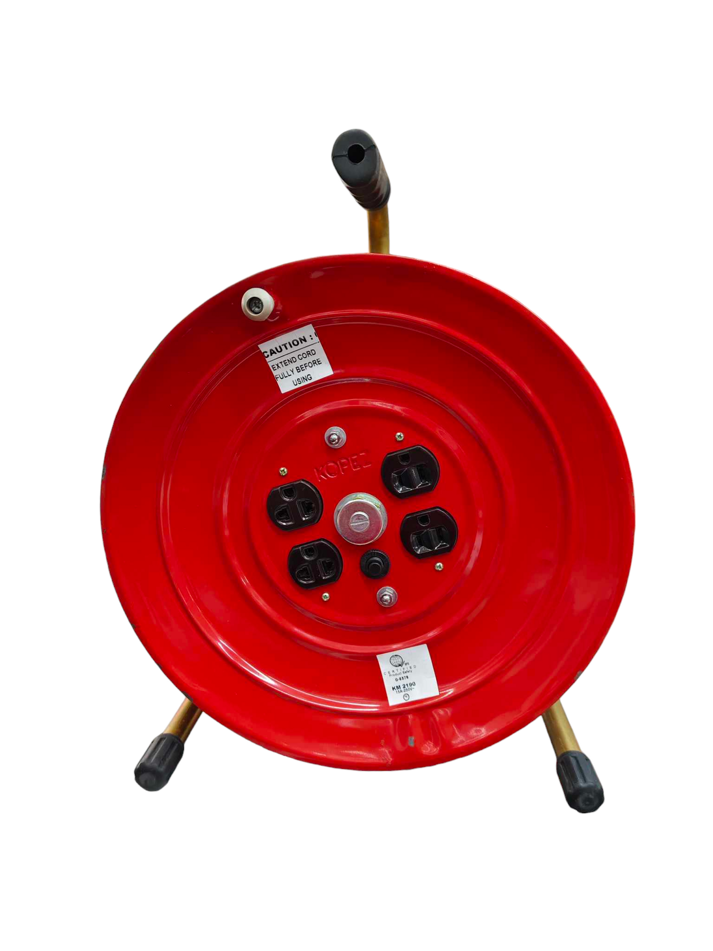Kopez red industrial extension cord drum with four power outlets and sturdy handle