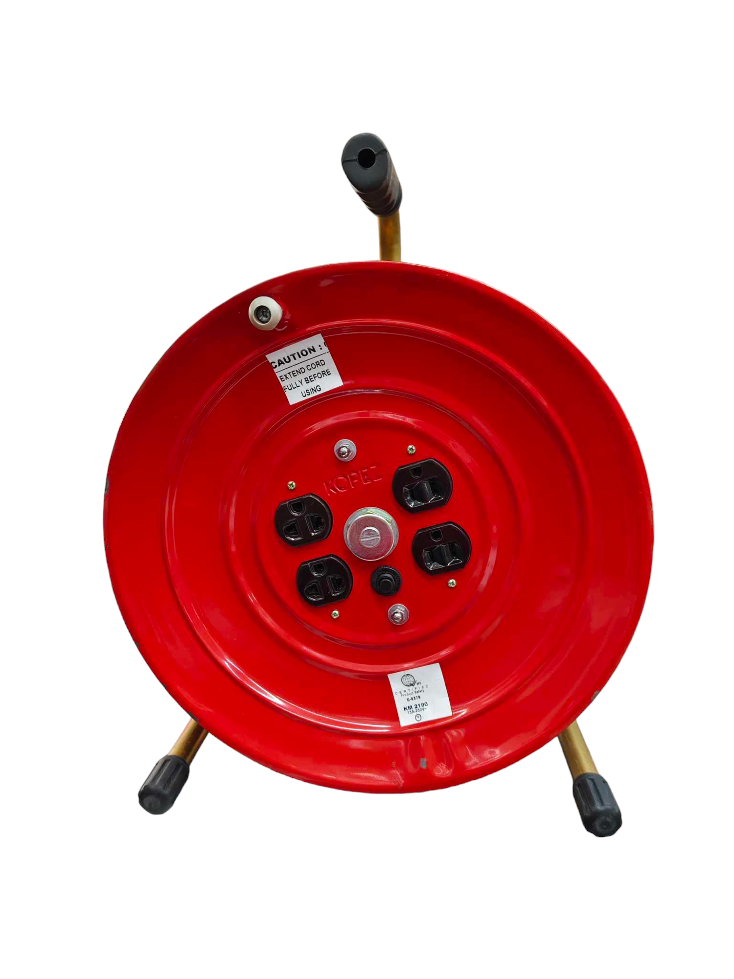 Kopez red industrial extension cord drum with four power outlets and sturdy handle