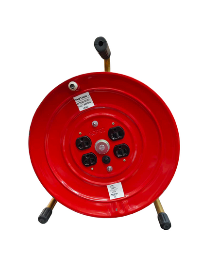 Kopez red industrial extension cord drum with four power outlets and sturdy handle