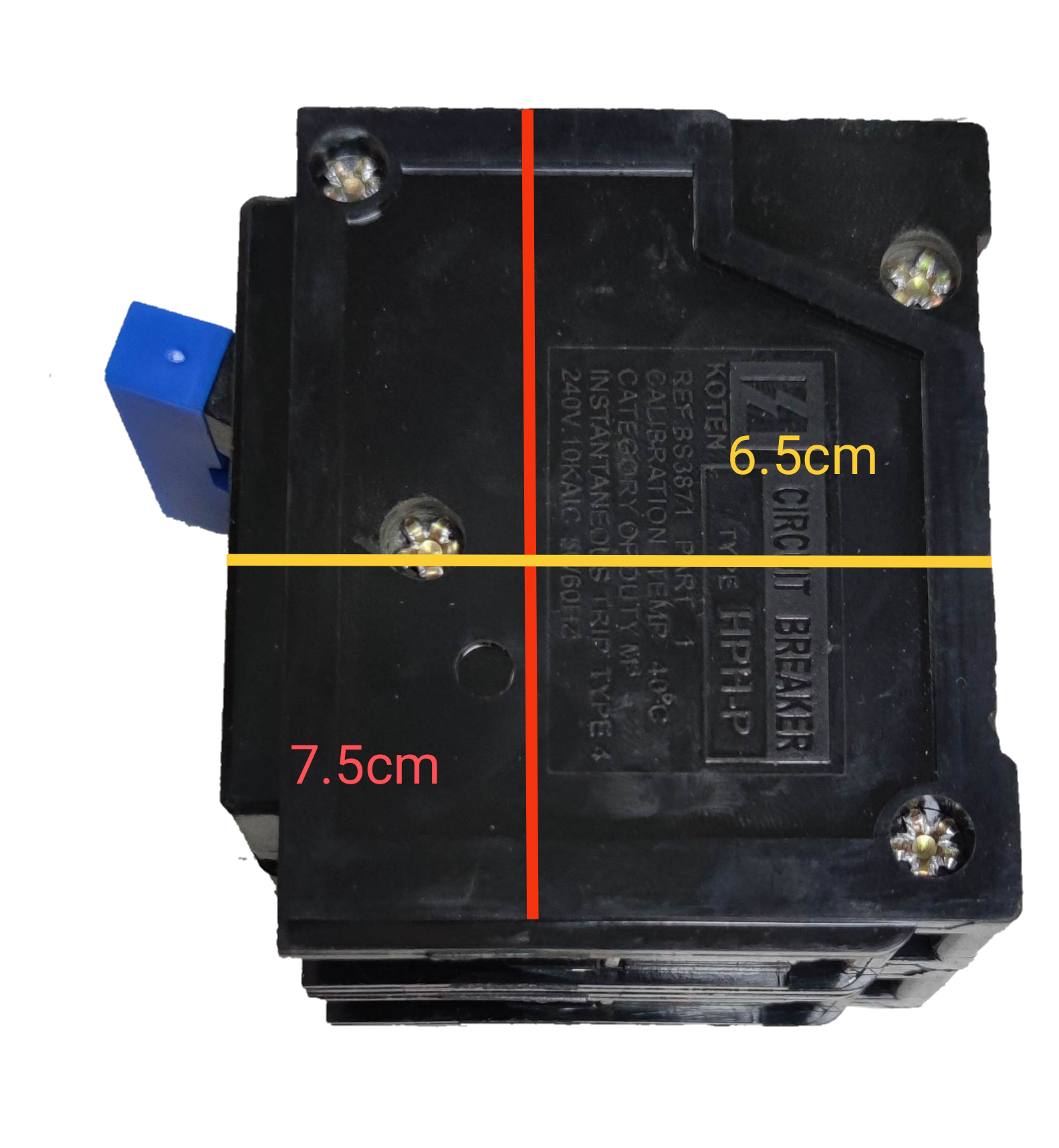Koten 100A 2 pole circuit breaker in black with blue switch and screw mounts