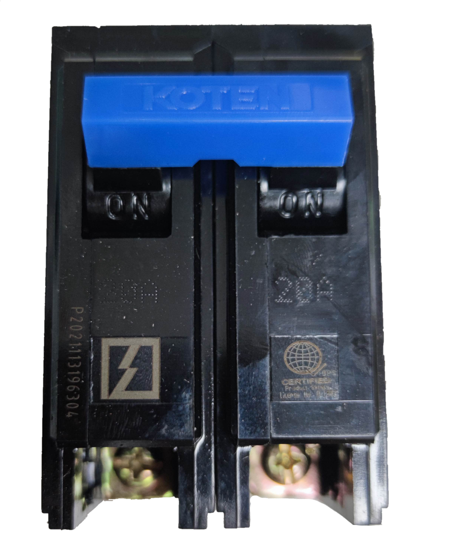 Koten Circuit Breaker 20A 2 Pole Plug-in black dual pole breaker with blue handle and visible screw terminals