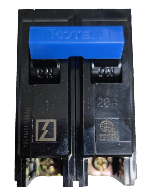 Koten Circuit Breaker 20A 2 Pole Plug-in black dual pole breaker with blue handle and visible screw terminals