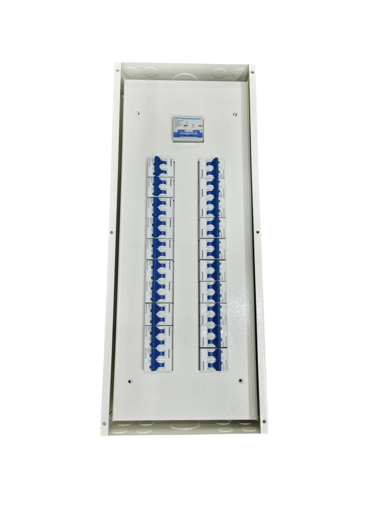 Chint miniature circuit breaker panel with multiple blue switches for electrical safety