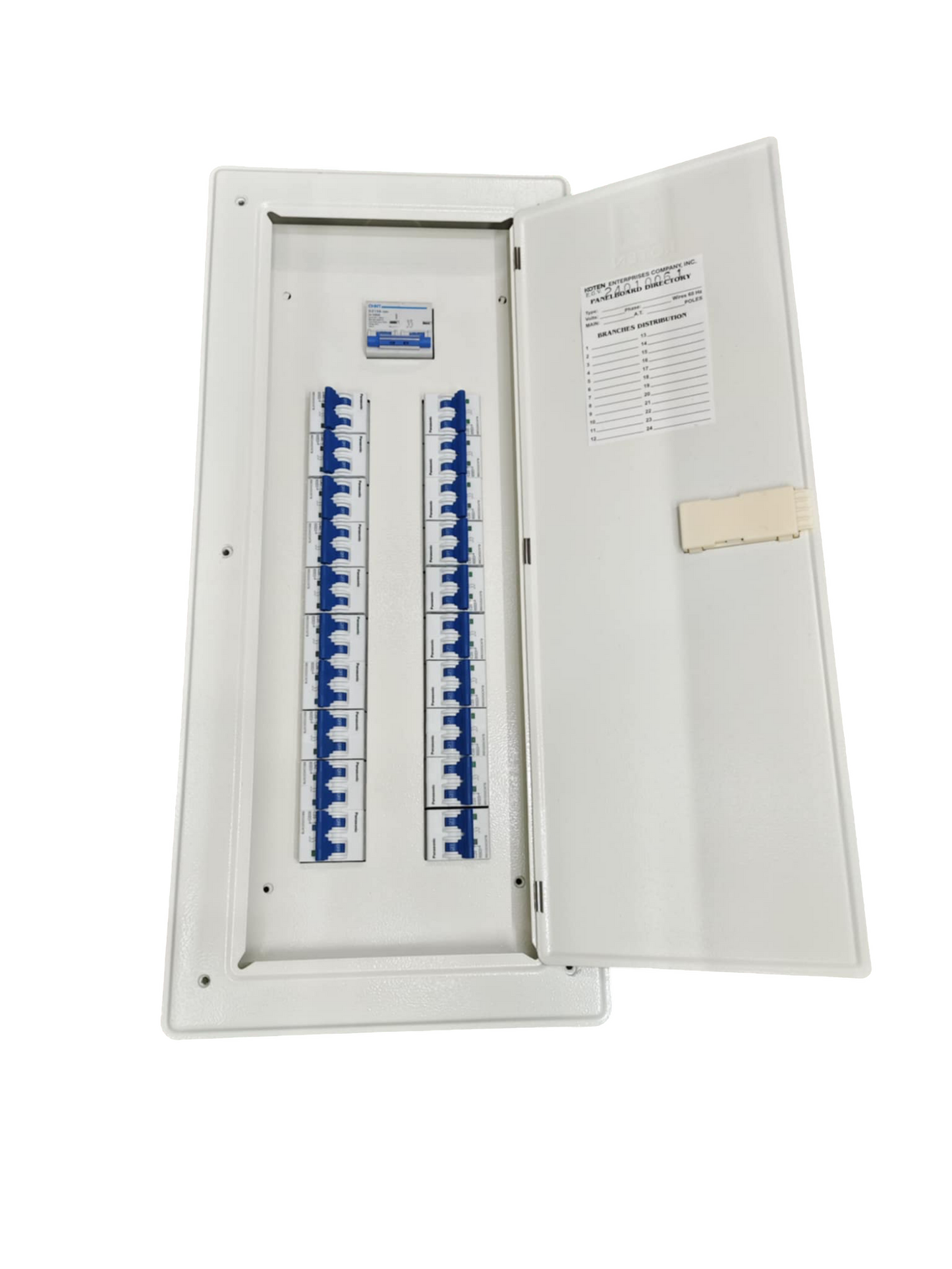 Chint miniature circuit breaker panel with multiple blue switches inside a white metal enclosure