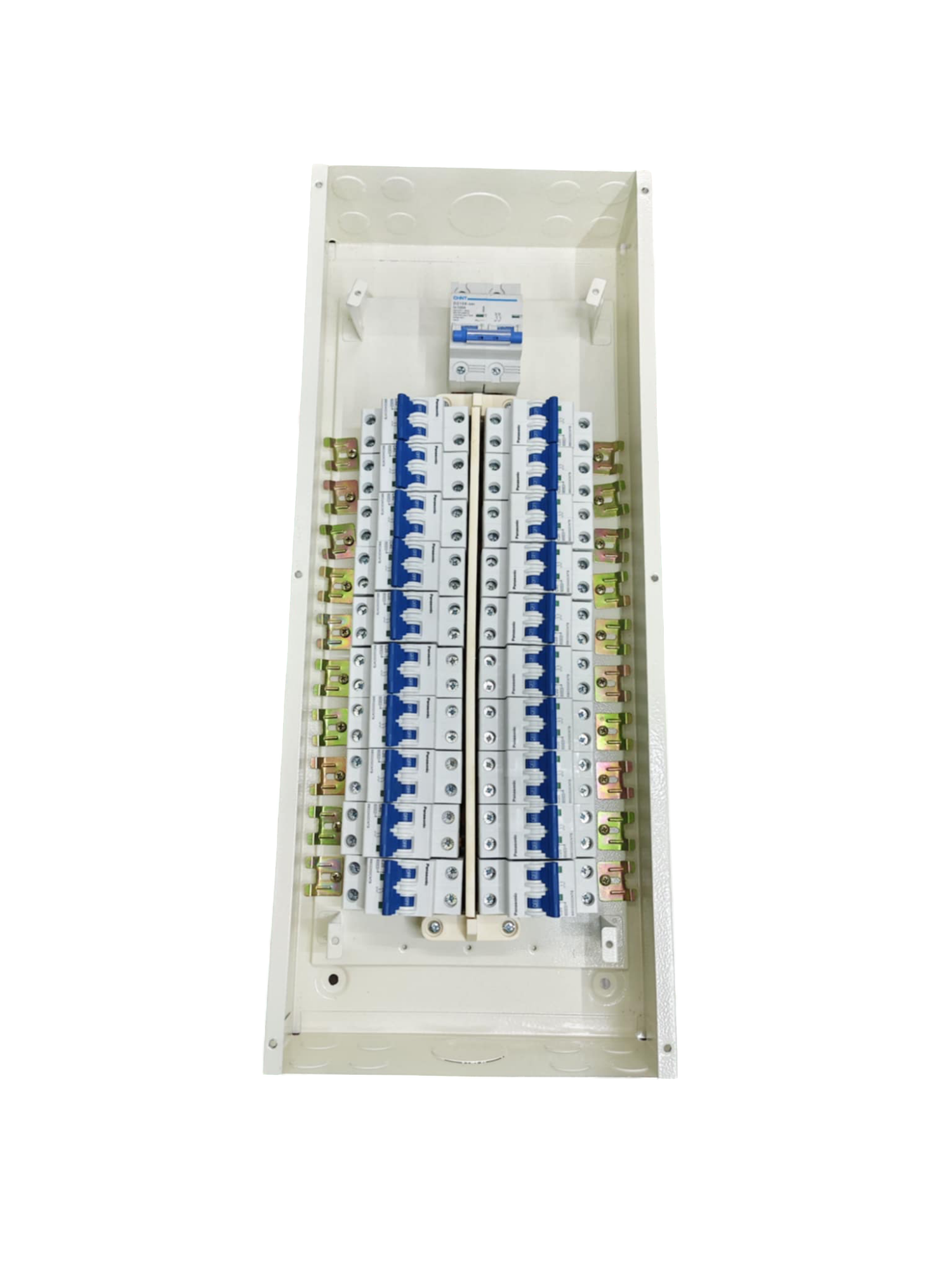 Chint electrical miniature circuit breaker panel with multiple breakers arranged in a white enclosure