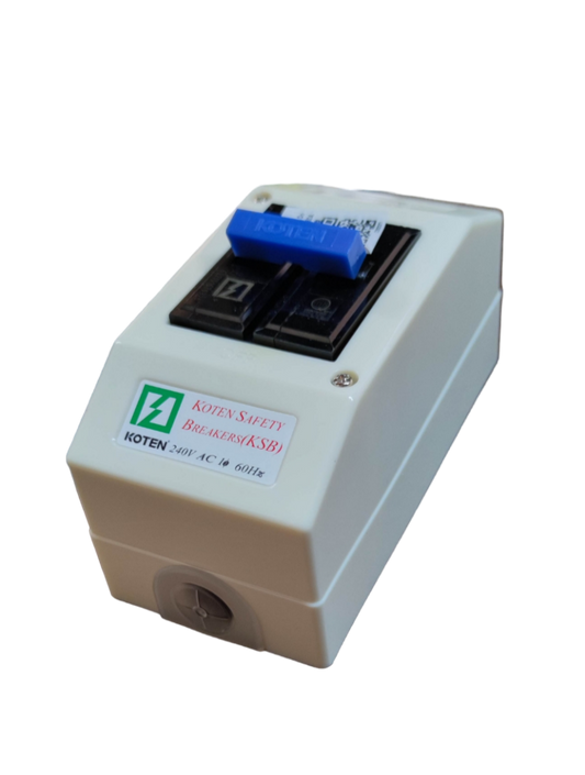 Koten 100A Breaker with Enclosure 10Kaic. White plastic enclosure with blue lever and dual black switches