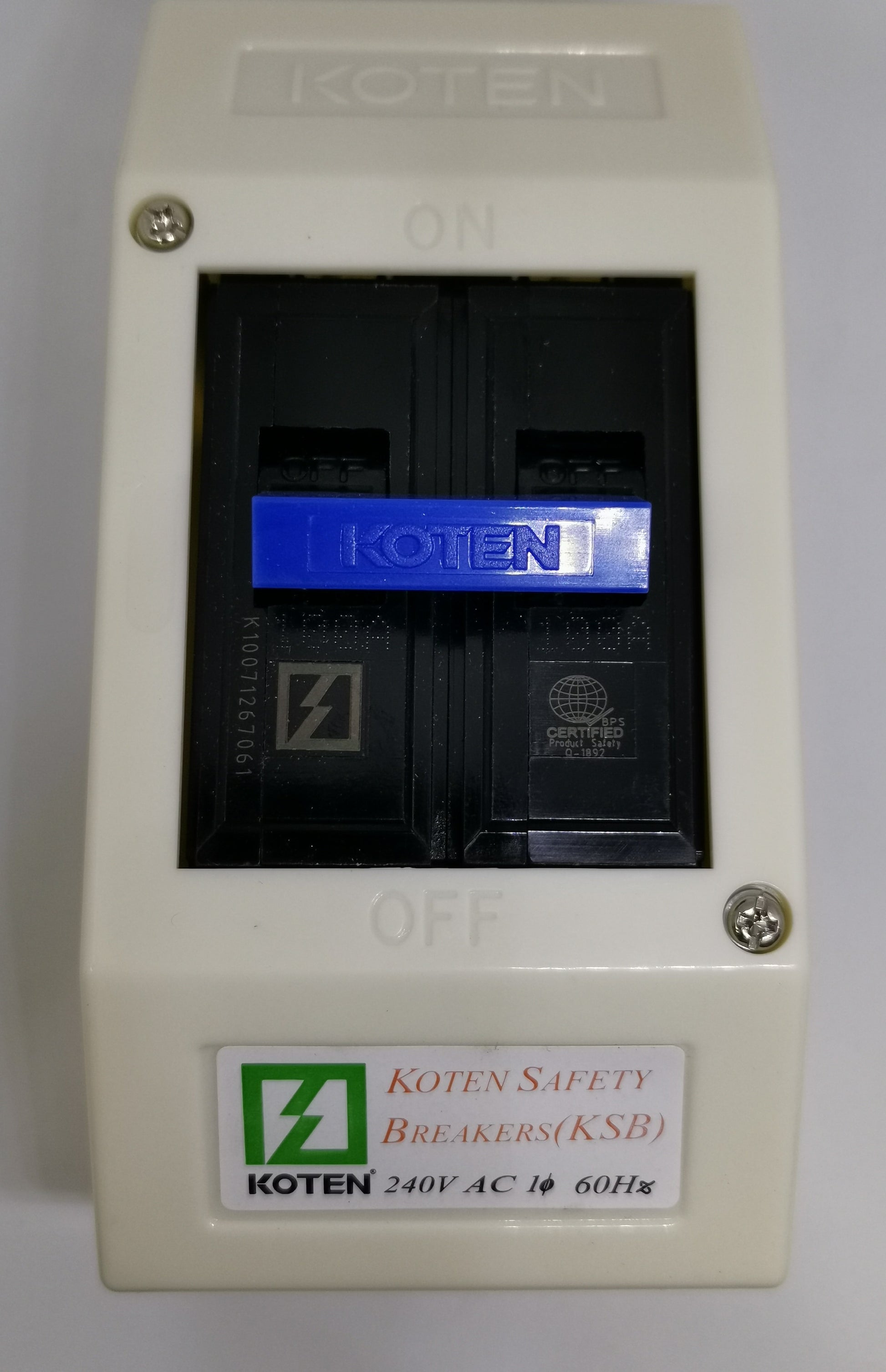 100A Breaker with Enclosure 10Kaic Koten white plastic enclosure with blue Koten switch and ON OFF label