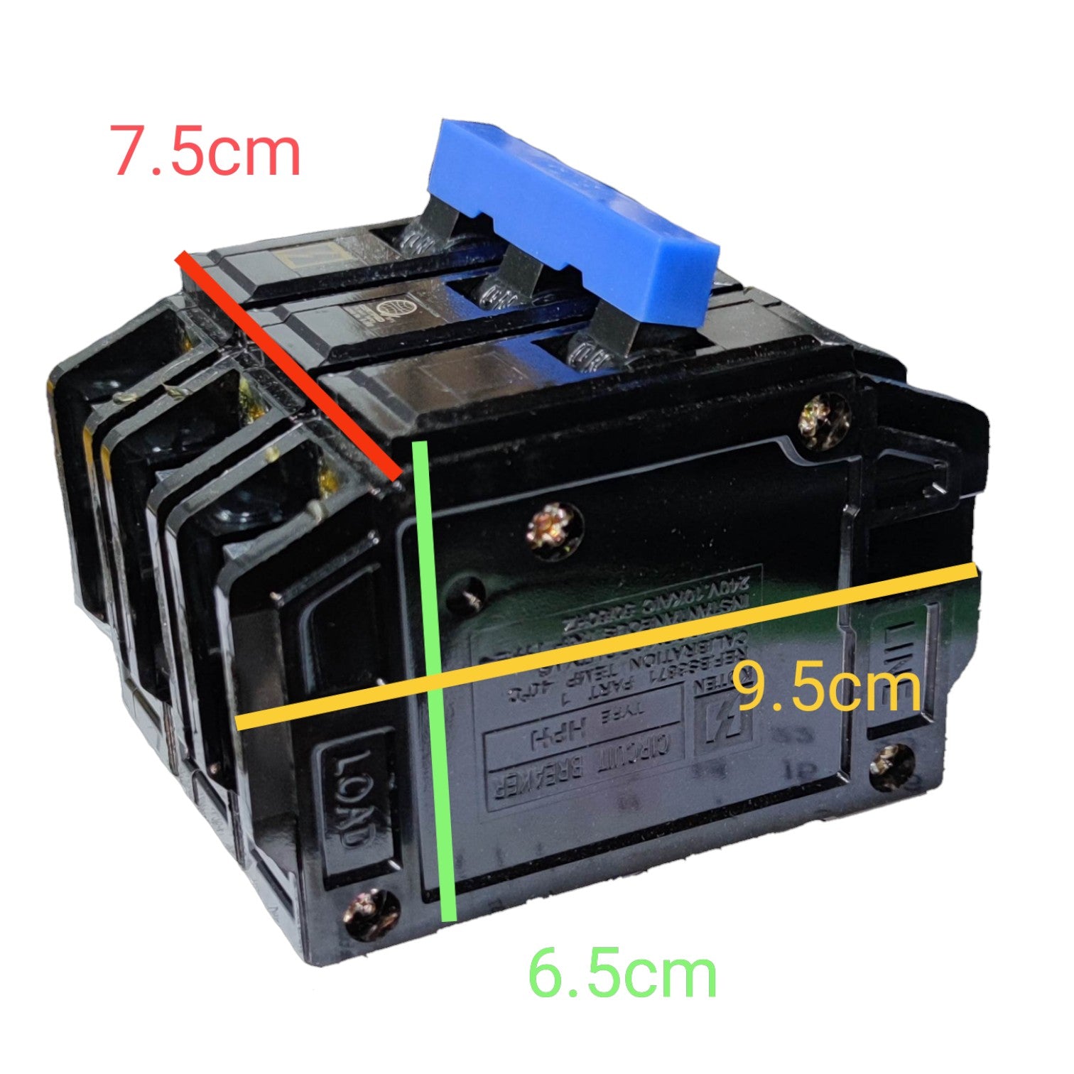 Electrical switch with measurements indicated on a white background Koten 15A 3 Pole 10KAIC 220V Circuit Breaker 3 Phase Bolt On HPH3P15A For Safety Overload