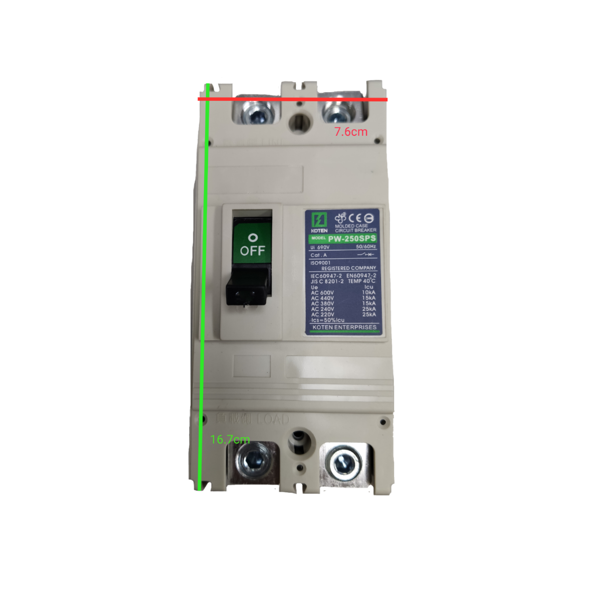 Koten 2 pole MCCB 220V 50KAIC Circuit Breaker with ON/OFF Switch and Mounting Slots