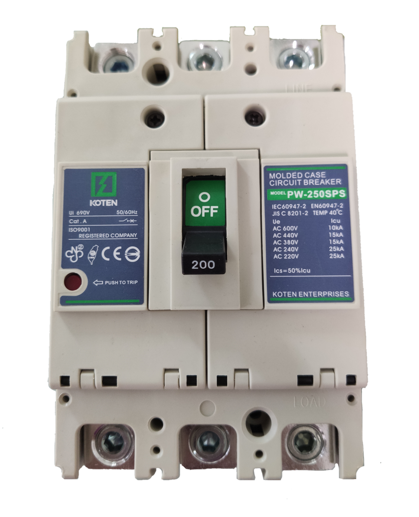 Koten 200A molded case circuit breaker with green off switch and technical specifications labels