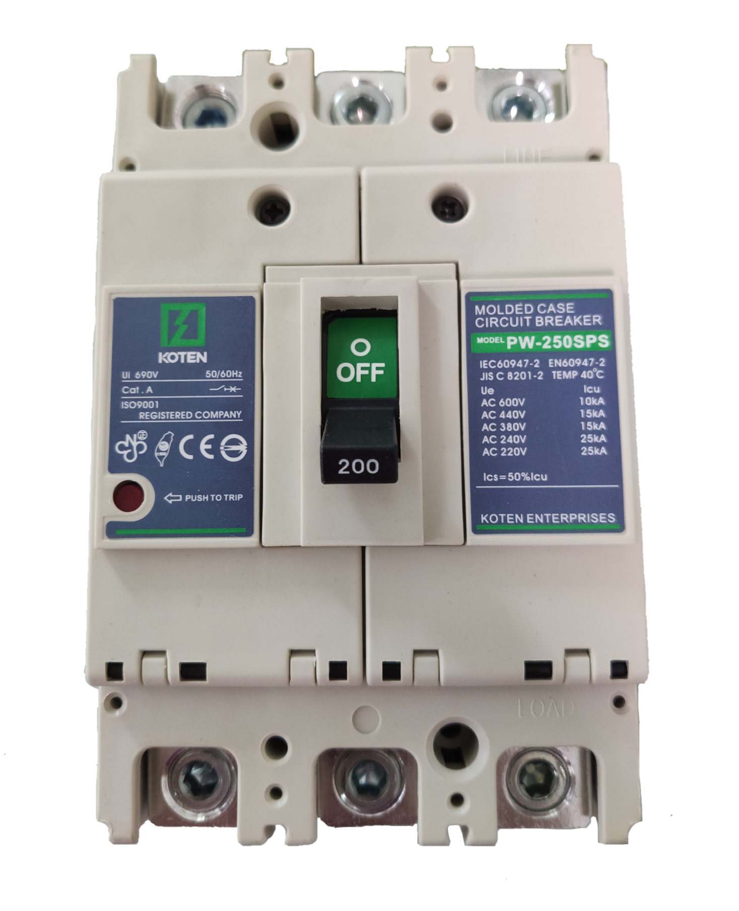 Koten 200A molded case circuit breaker with green off switch and technical specifications labels
