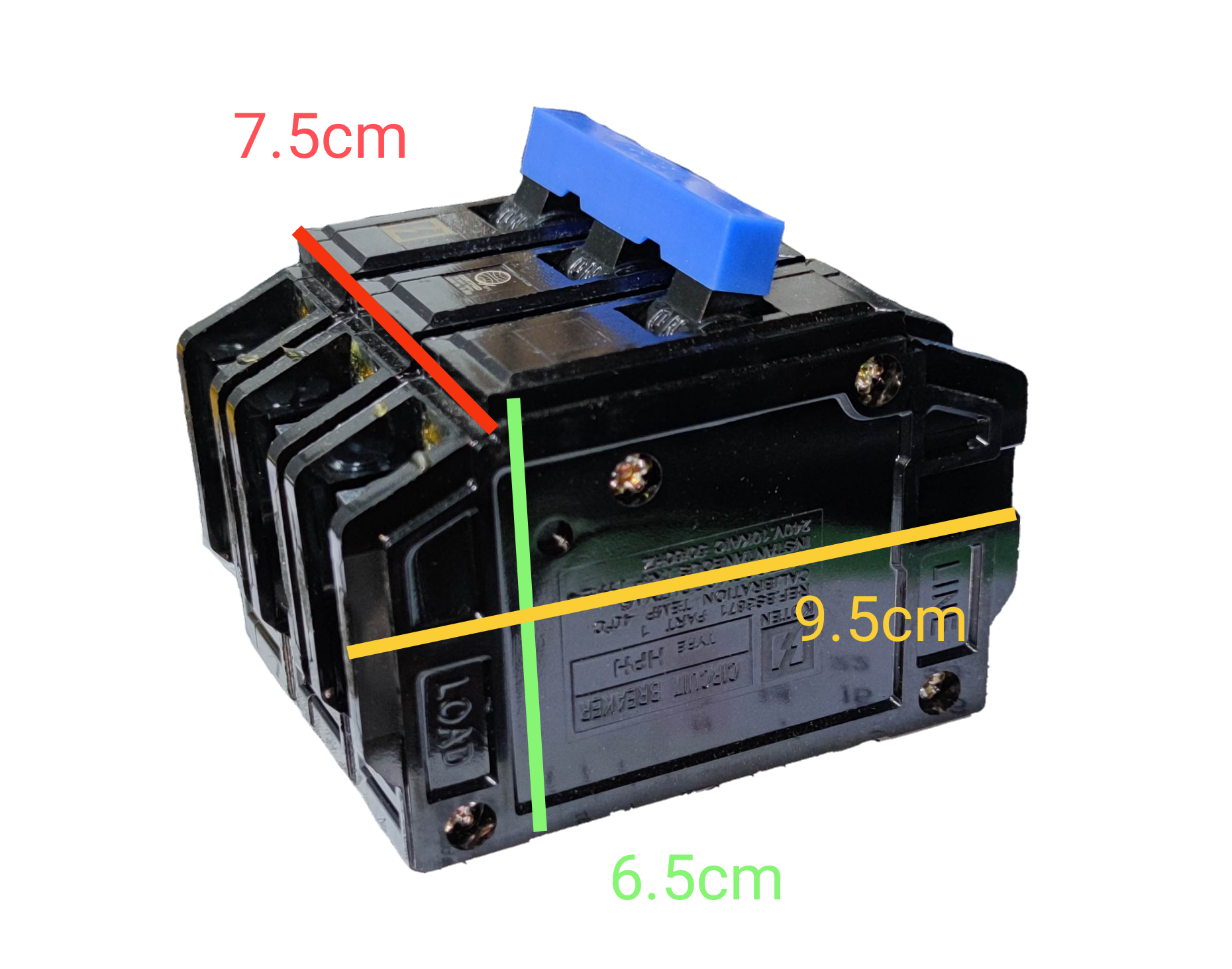 Koten 20A 3 phase Bolt on circuit breaker with blue handle showing dimensions 7.5 cm by 9.5 cm by 6.5 cm