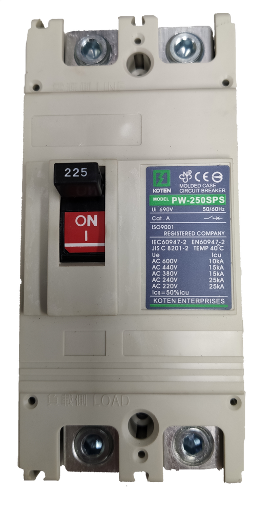 Koten 225A Molded Case Circuit Breaker with red ON switch and technical specifications label