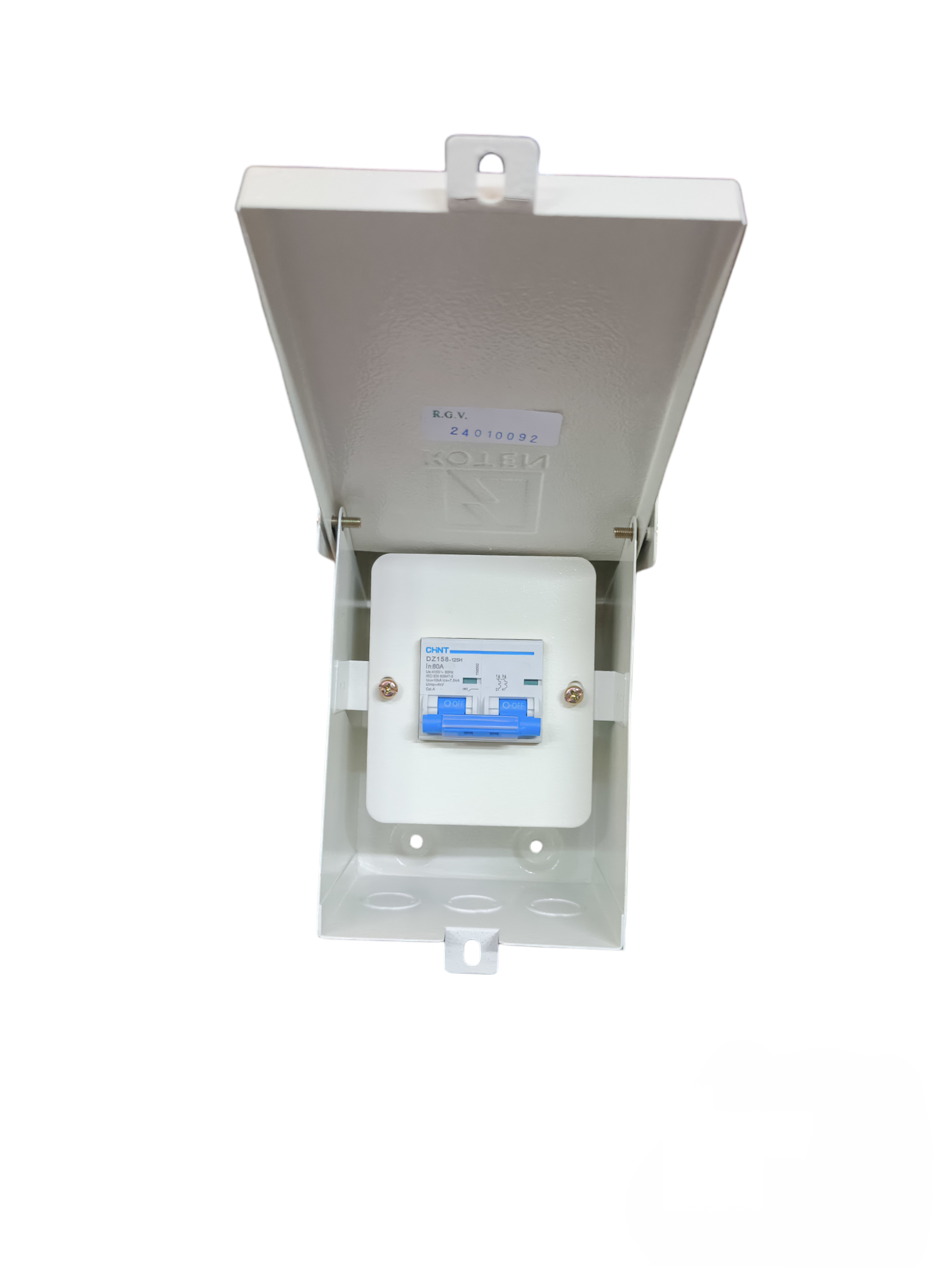 Chint 2Pole 3 Module Metal Enclosure Koten electrical box with cover open showing internal components