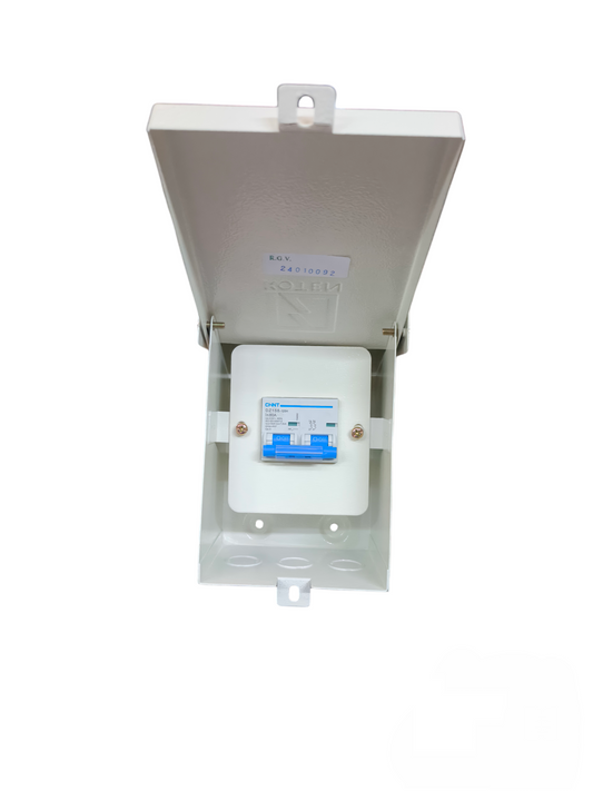 Chint 2Pole 3 Module Metal Enclosure Koten electrical box with cover open showing internal components