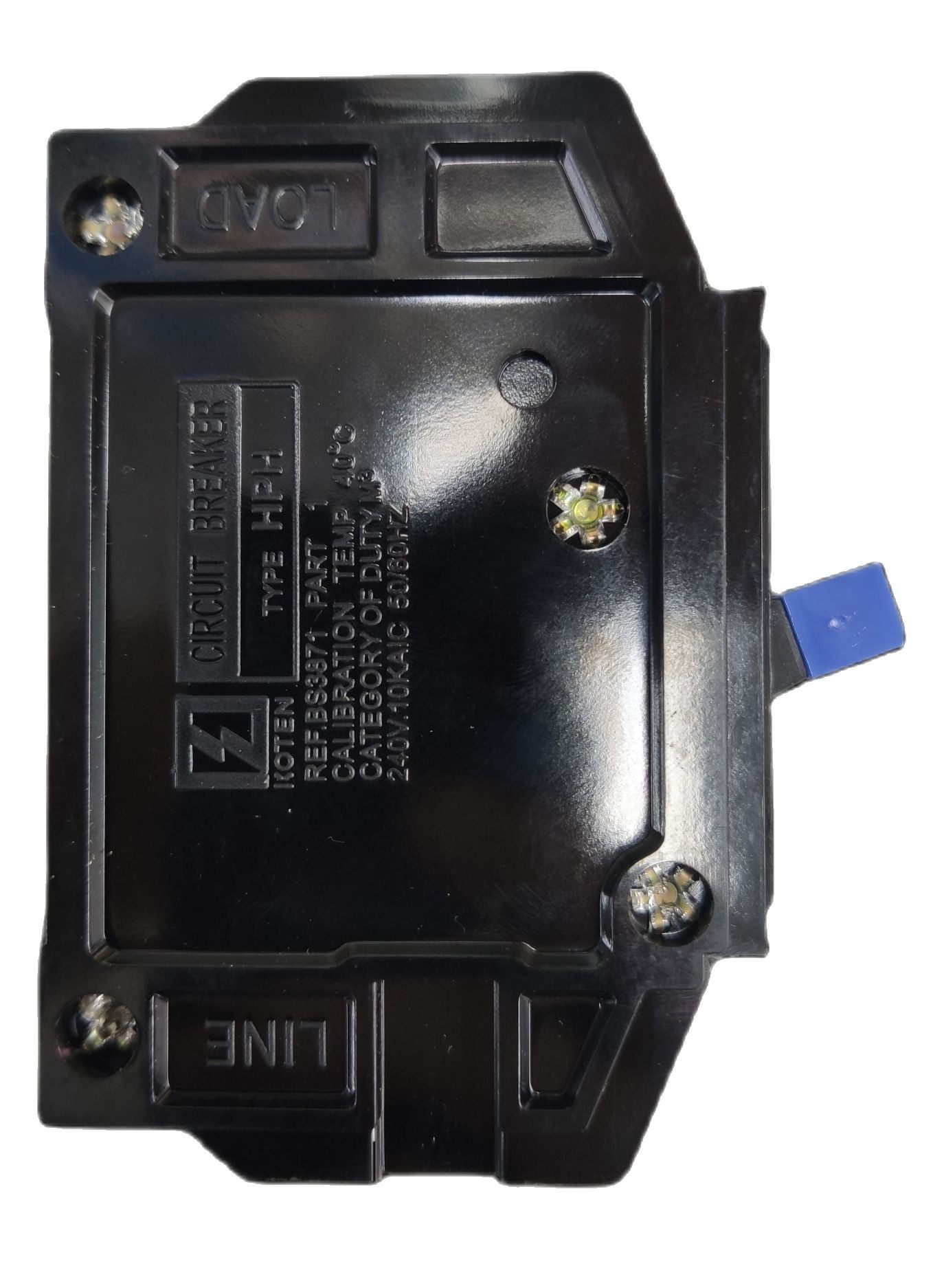 Koten black 30A 2 Pole Bolt-on Circuit Breakers with blue lever screws and molded LINE LOAD markings