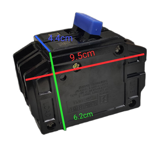 Black Koten 30A 2 Pole Bolt-on Circuit Breakers with blue toggle handle and mounting holes showing dimensions