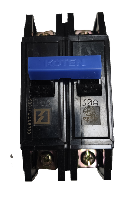 Koten 30A 2 Pole Bolt-on Circuit Breakers black double pole bolt-on breaker with blue handle and brass terminals
