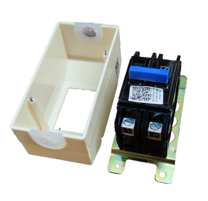 Koten 30A 2P Circuit Breaker with Enclosure showing open white plastic box and black two pole breaker on metal mounting plate