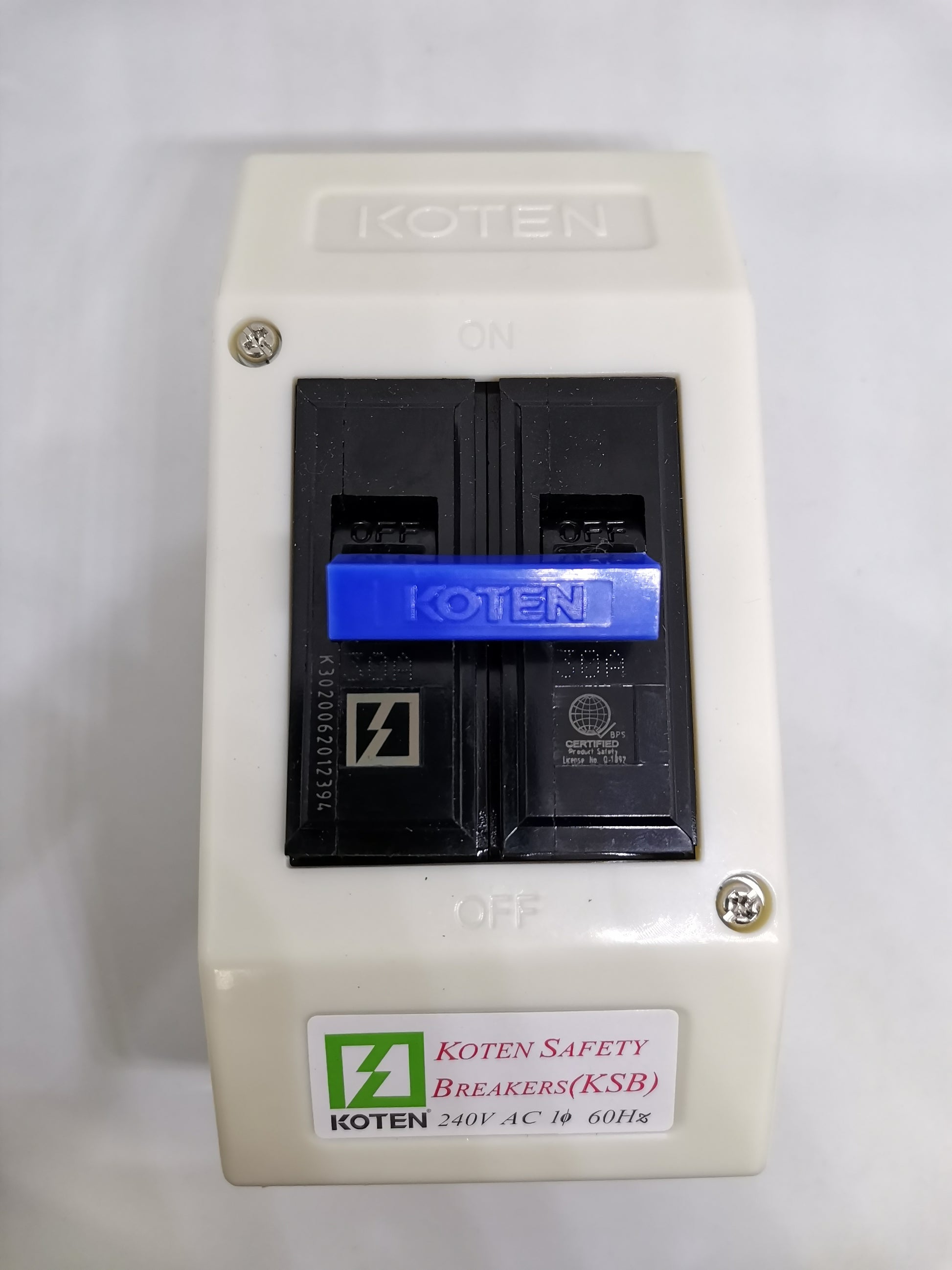 Koten 30A 2P Circuit Breaker with Enclosure in white plastic box with black breakers and blue handle