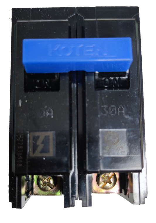 Koten 30A circuit breaker with blue switch handle and black body electrical component