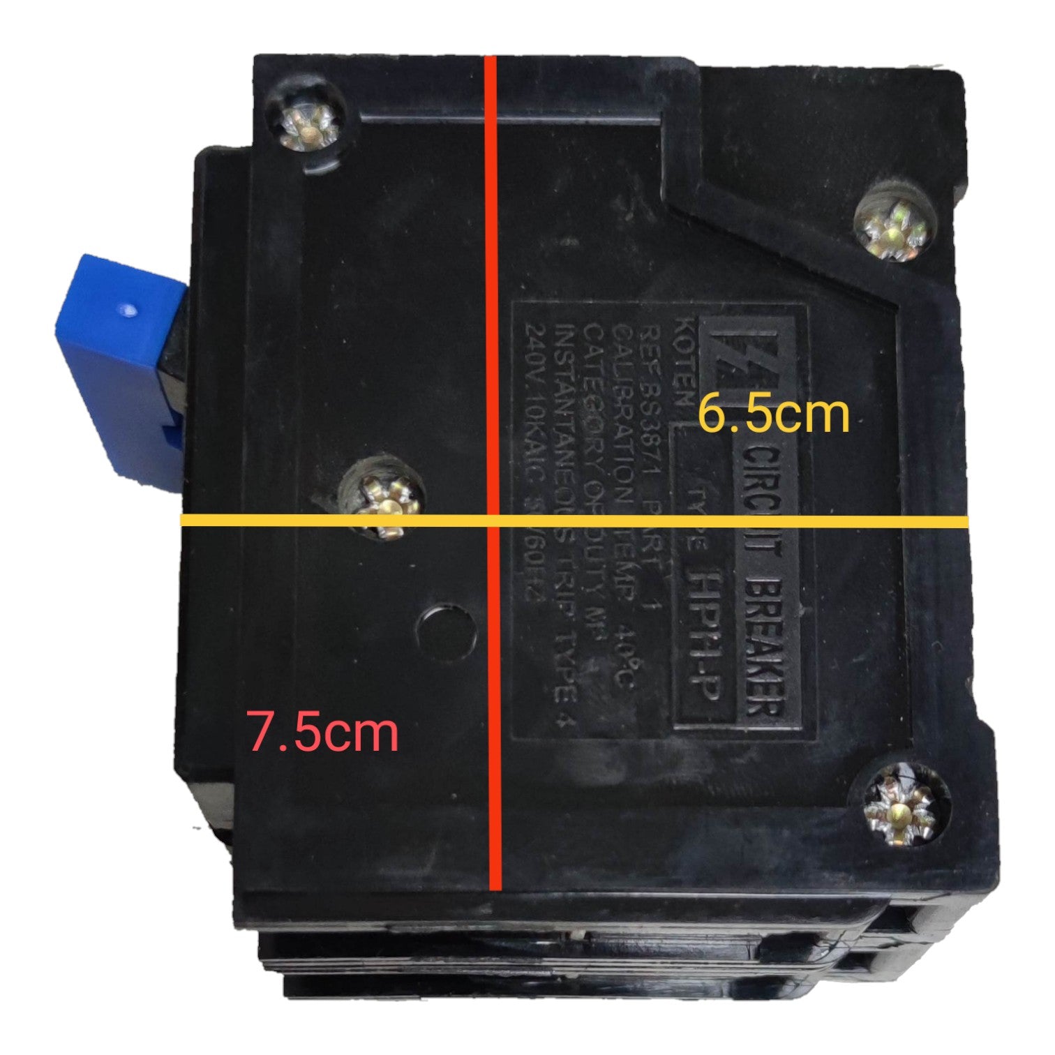 Koten 40A 2 pole circuit breaker Plug in with dimensions 6.5cm x 7.5cm, designed for reliable electrical protection