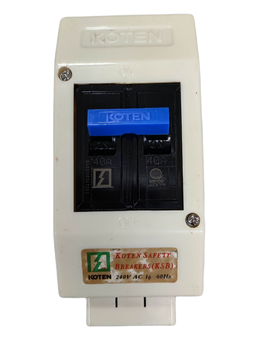 Koten 40A 2Pole Circuit Breaker with Enclosure in white casing with blue switch for electrical safety