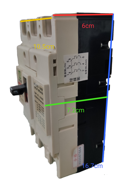 Koten 50 KAIC breaker 220v electrical circuit breaker with dimensions visible on black background