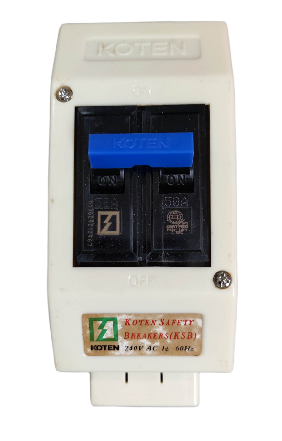 Koten 60A 2Pole Circuit Breaker with Enclosure featuring blue switch and safety labeling