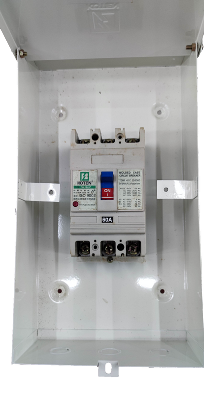Koten 60A Industrial Circuit Breaker 3Pole mounted inside white electrical enclosure box
