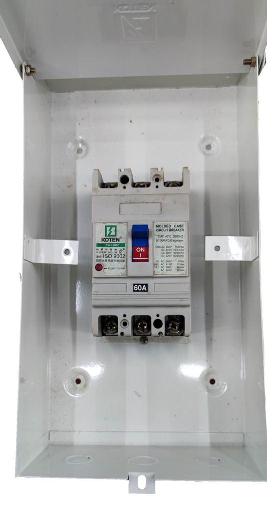 Koten 60A Industrial Circuit Breaker 3Pole mounted inside white electrical enclosure box