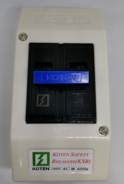 Koten Circuit Breaker with Enclosure 15A 2P white box with black double pole switches and blue KOTEN handle