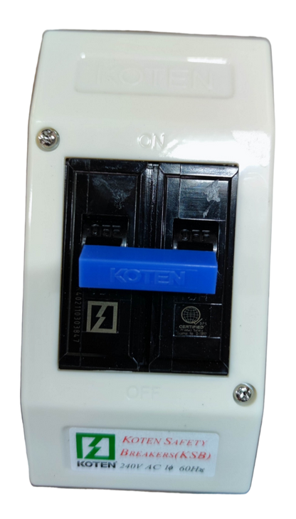 Koten Circuit Breaker with Enclosure 15A 2P in white plastic enclosure with blue handle two pole switch