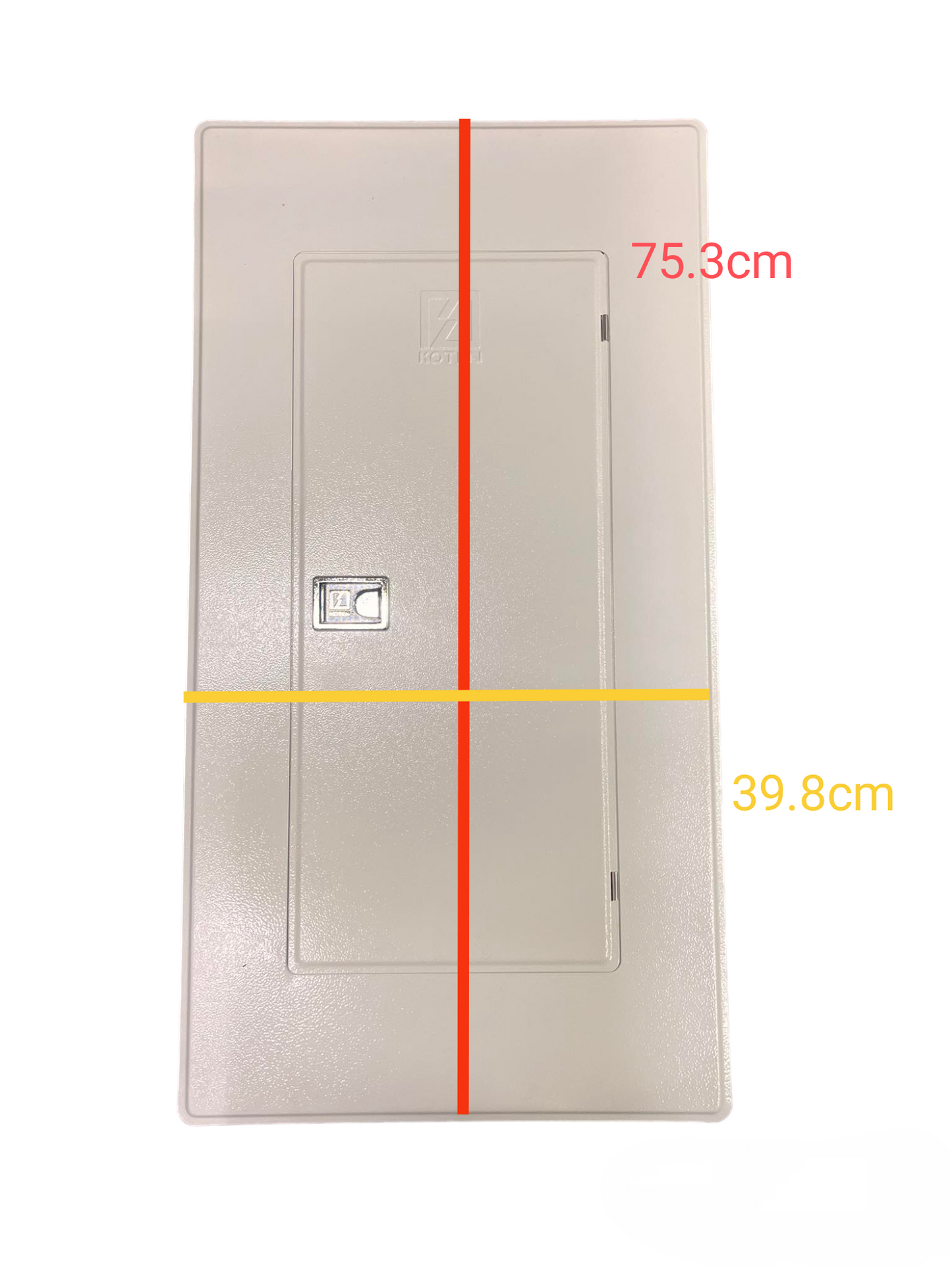 Koten GE electrical panel with breakers featuring a beige metal cover measuring 75.3 by 39.8 centimeters