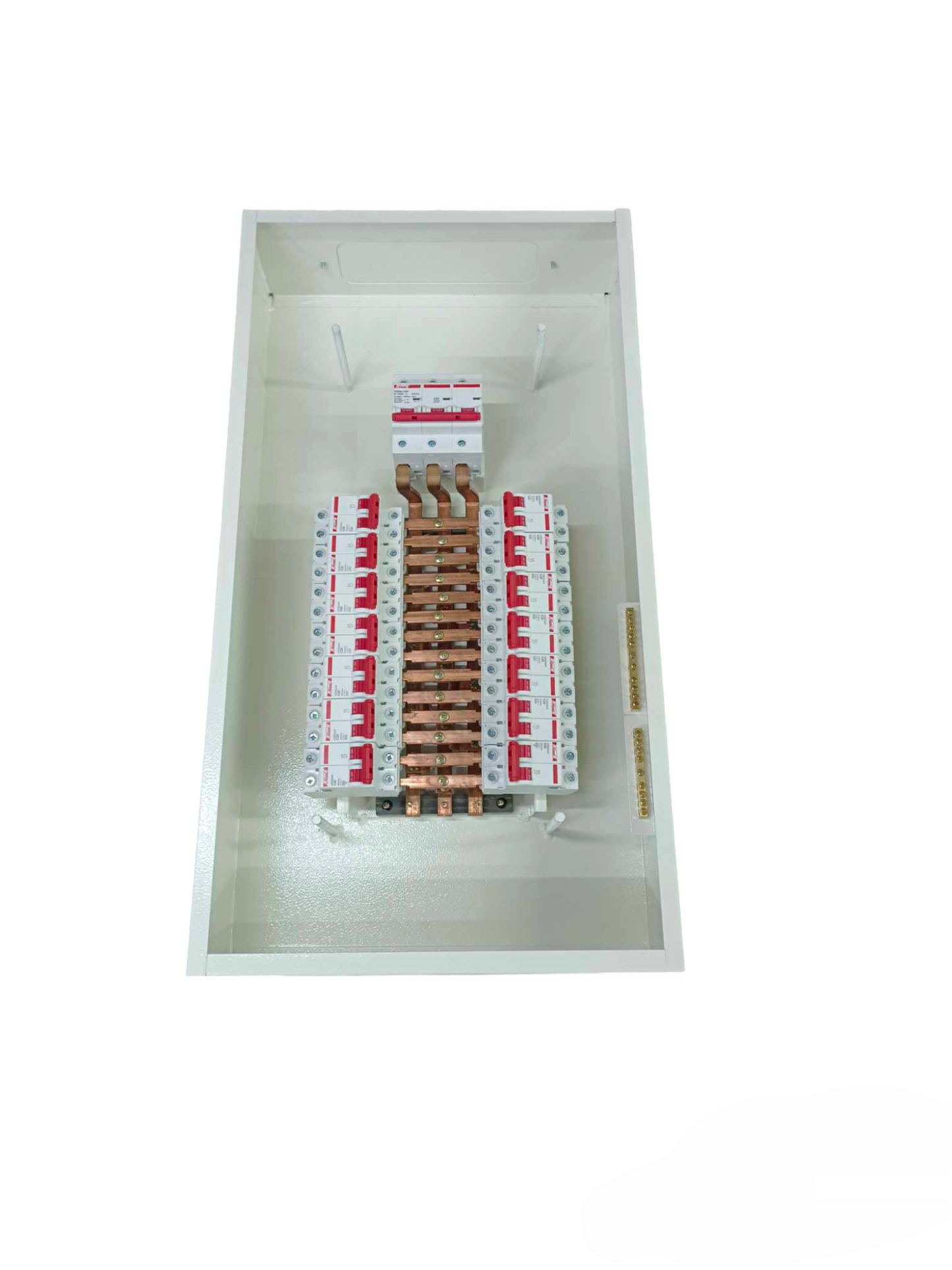 Koten Panel Board 125A 3Pole 10KAIC electrical circuitry and parts with multiple circuit breakers inside a white panel