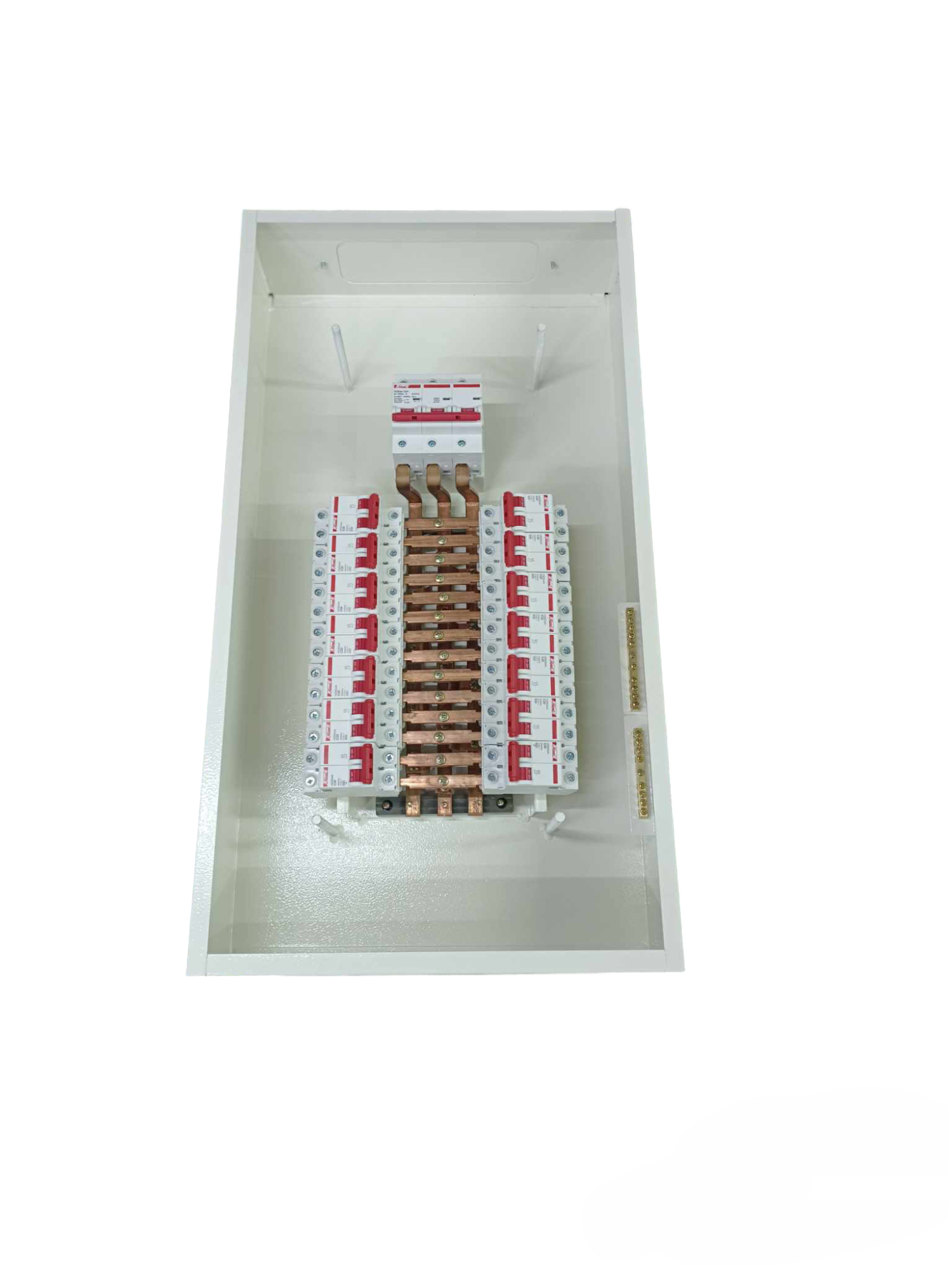 Koten Panel Board 125A 3Pole 10KAIC electrical circuitry and parts with multiple circuit breakers inside a white panel