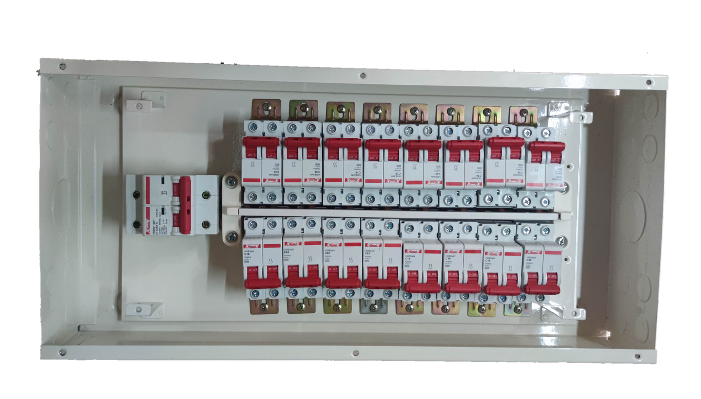 Electx panel board for miniature circuit breaker with multiple red toggle MCBs in white metal enclosure for distribution