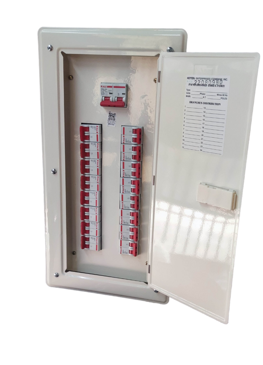 Electx Electrical Supply white metal panel board for miniature circuit breaker with open door and multiple MCBs