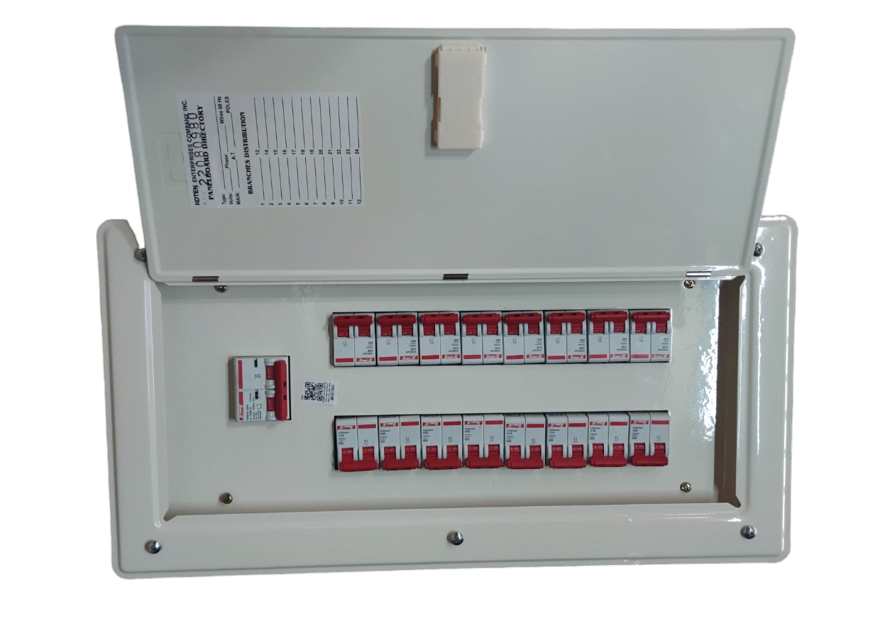 Electx Electrical Supply white metal panel board for miniature circuit breaker with two rows of red MCBs and hinged cover