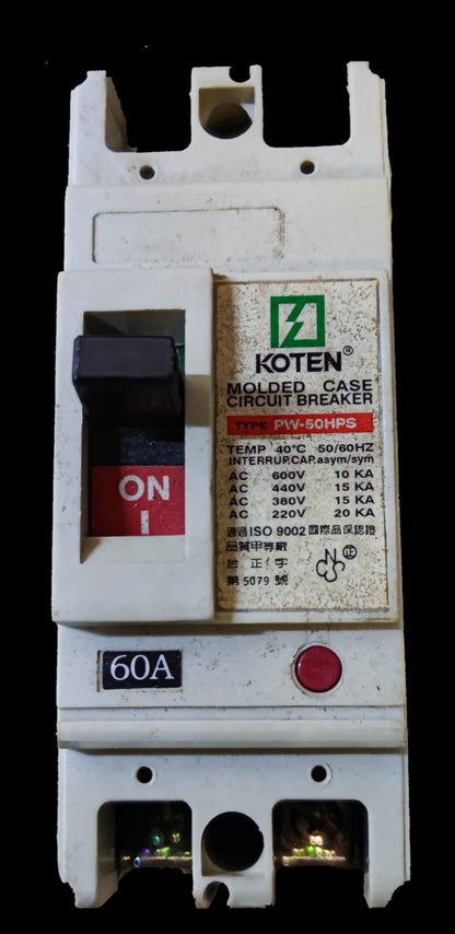 Koten Molded Case Circuit Breaker Single Phase 2 Pole 25KAIC 250V with 60 Amp rating and ON switch