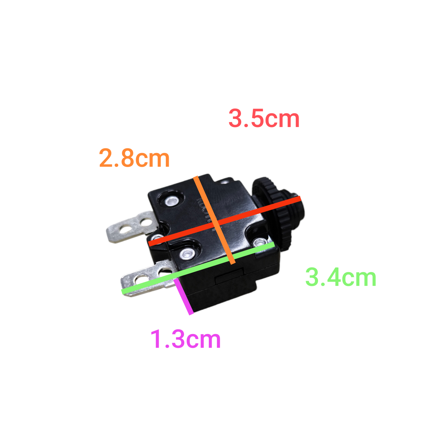 15A push to reset circuit breaker with dimensions 3.5cm x 2.8cm x 4.4cm for electrical applications