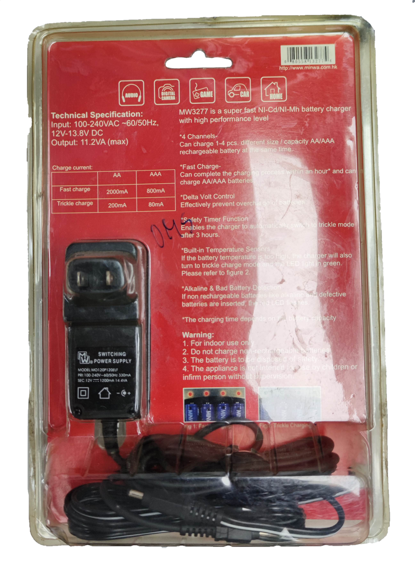 MW AA battery charger 220V with power adapter and technical specifications on red packaging