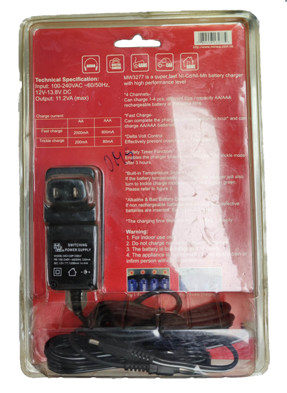 MW AA battery charger 220V with power adapter and technical specifications on red packaging