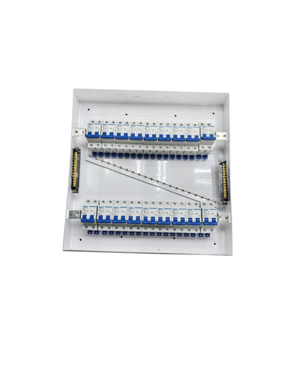 Royu and ZY white metal enclosure with 17 branch 2 pole MCB panel showing two rows of blue switches and busbars