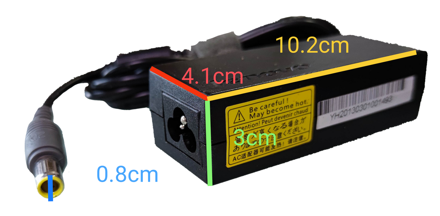 Lenovo Laptop Adaptor 20V DC 3.25A black power adaptor with cable and connector shown with size dimensions