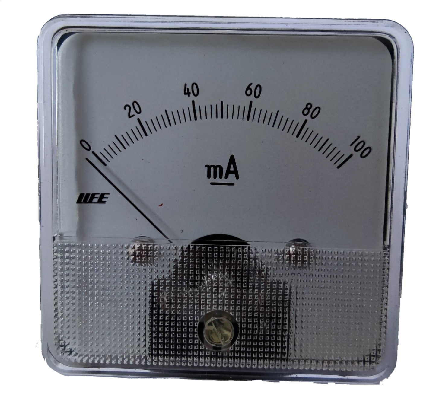 HEW analog mA Panel Meter 60mm x 60mm 52CA with square white face 0 to 100 mA scale and needle at zero