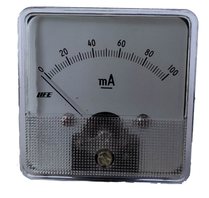 HEW analog mA Panel Meter 60mm x 60mm 52CA with square white face 0 to 100 mA scale and needle at zero