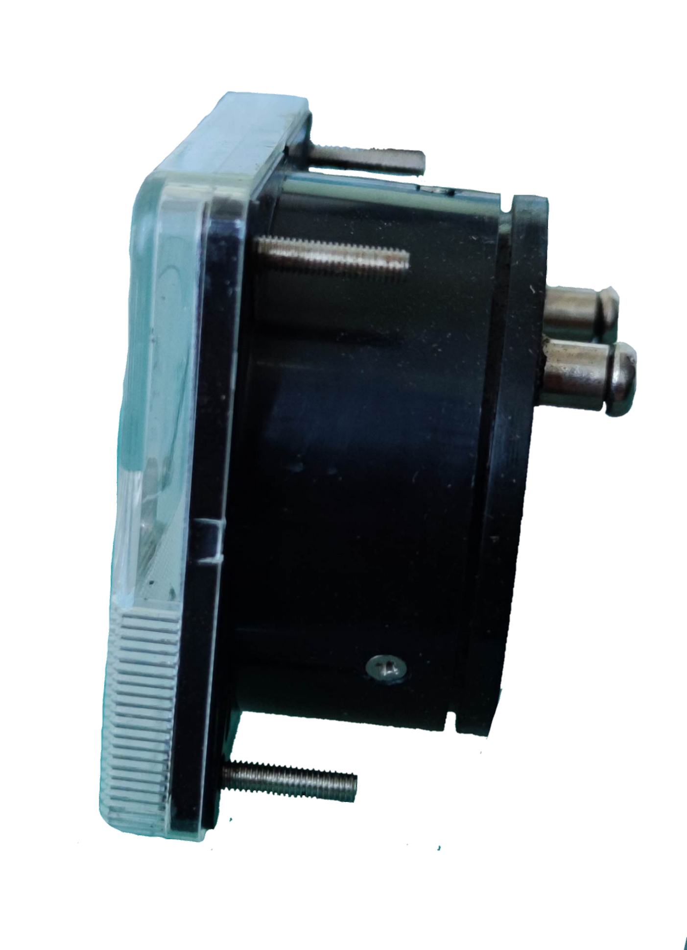 HEW Panel Meter 60mm x 60mm 52CA side view showing black housing clear bezel and metal terminals